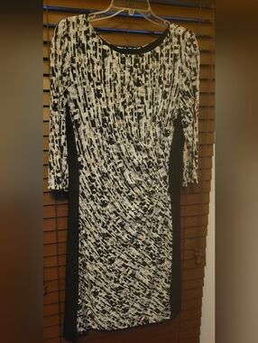 Lauren By Ralph Lauren Black, Cream And Tan Printed 3/4 Sleeve Midi Dress
